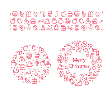 矢量概念与不同的圣诞节和新年庆祝元素。 圣诞线图标设置成圆圈。 明信片矢量插图日历海报打印横幅。