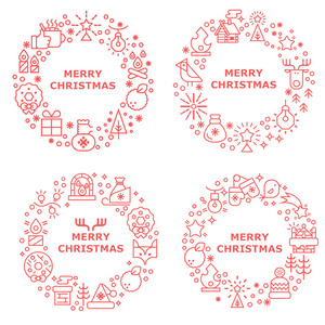矢量概念与不同的圣诞节和新年庆祝元素。 圣诞线图标设置在圆圈框架内。 明信片矢量插图日历海报打印横幅。