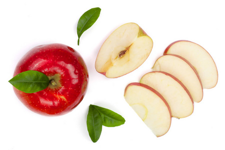 红苹果与切片和叶子隔离在白色背景顶部的看法。设置或集合。平躺花纹