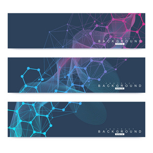 现代向量横幅的科学设置。Dna 分子的结构与连接的线和点。科学向量背景。医疗 技术，化学设计