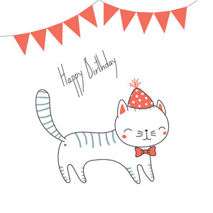 手持生日快乐贺卡，带可爱有趣的卡通猫，带帽子，带蝴蝶结，矢量，插图