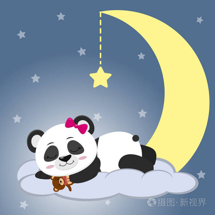 这只可爱的熊猫正睡在一朵云彩上, 一个大月亮上, 抱着一只熊, 在夜空