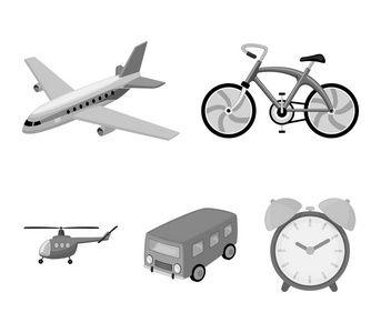 自行车 飞机 公交 直升机类型的运输。运输在单色风格矢量符号股票图 web 设置集合图标