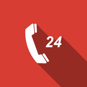 电话24小时支持图标与长阴影隔离。全天候客户支持呼叫中心。平面设计。矢量插图