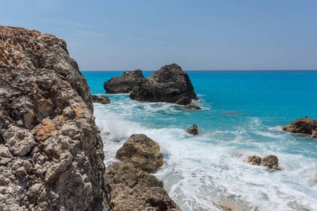 希腊大比特拉海滩莱夫卡达岛蓝色水域的惊人海景