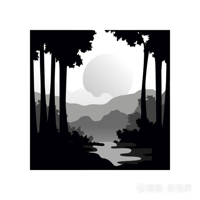 美丽的自然景观与森林树木的剪影河流和日落的大太阳自然场景图标在