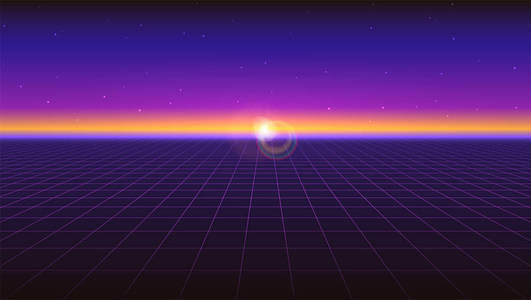 科幻未来水平抽象背景。紫色复古梯度, 复古风格的80s。虚拟曲面与霓虹灯网格数字网络世界。布局设计的矢量插图