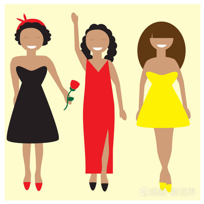 三个穿裙子的不同女孩的插图
