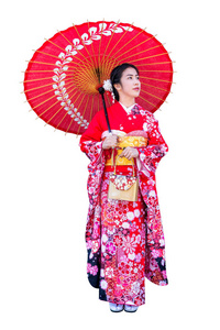 身穿日本传统和服的亚洲女子白色背景