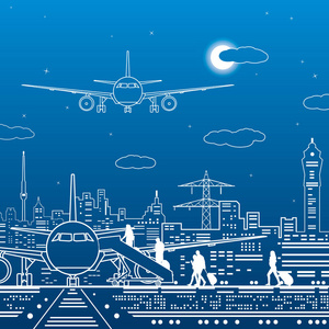 机场插图。 乘客们去飞机上。 航空旅行运输基础设施。 飞机在跑道上。 夜间城市背景矢量设计艺术