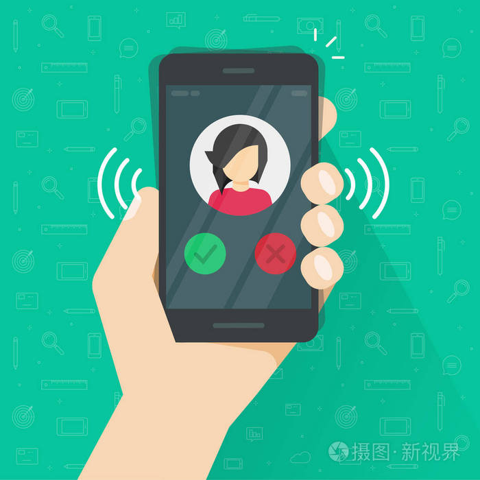 平板卡通黑色手机呼叫或振动与联系信息显示在手, 电话图标剪贴换环