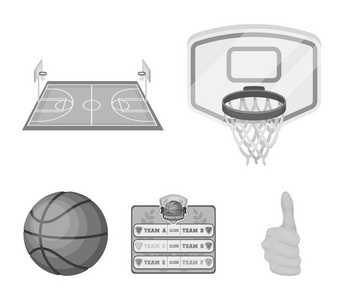篮球和属性单色图标集合中的设计。篮球运动员和设备矢量符号股票网站插图