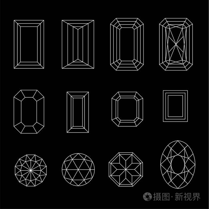 钻石.宝石画线矢量集.水晶形式.宝石的几何形状.首饰轮廓轮廓.
