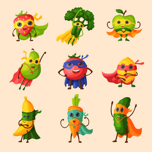 超级英雄水果矢量果味卡通人物的表达蔬菜与滑稽的超级主人公苹果, 香蕉和胡椒在面具插图卓有成效的素食饮食设置隔离背景