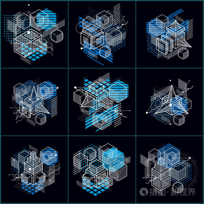 抽象等计量学背景，三维矢量布局。立方体六边形正方形矩形和不同抽象元素的组成。病媒收集。