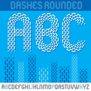 矢量大写现代字母，abc集。圆形粗体字体，字体为复古海报设计元素。使用破折号平行线创建。