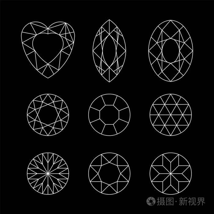 钻石宝石画线矢量集水晶形式宝石的几何形状首饰轮廓轮廓几何数字金刚