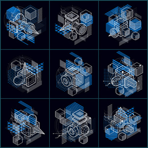 抽象等计量学背景，三维矢量布局。立方体六边形正方形矩形和不同抽象元素的组成。病媒收集。