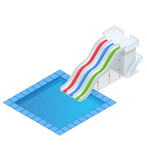 等距彩水滑带池, aquapark 设备, 集设计。游泳池和水滑梯矢量插图在白色背景下被隔离