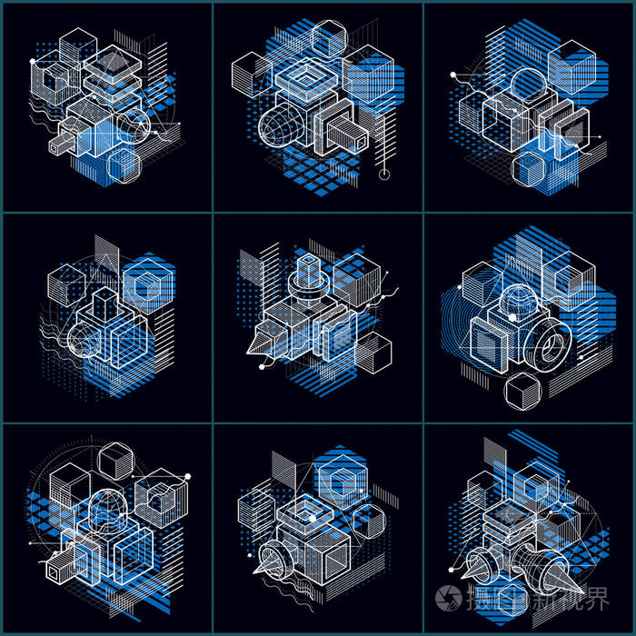 线条和形状抽象矢量等距三维背景。立方体，六边形，正方形，长方形和不同抽象元素的布局..病媒收集。