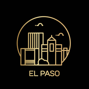 矢量插图笔画设计天际线城市轮廓与摩天大楼和文字埃尔帕索黑色背景