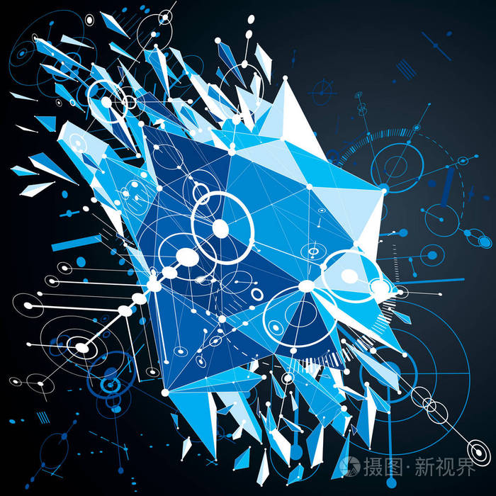 三维矢量包豪斯抽象蓝色背景由网格和几何元素,圆圈和连接线.