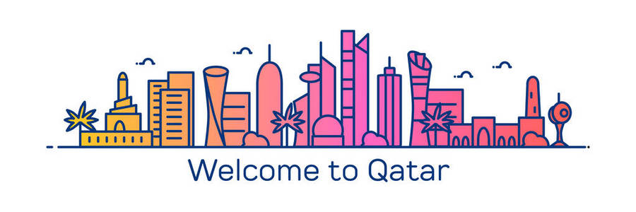 矢量插图笔画设计天际线城市轮廓与摩天大楼和文字欢迎来到卡塔尔孤立的白色背景