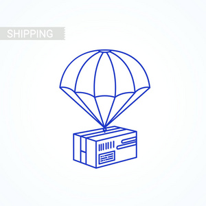 线包裹盒项目。航运服务理念。平面轮廓设计彩色插图的包装与降落伞。快速送货服务, 包裹送货, 免费送货网站横幅模板