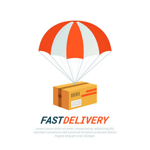 送货服务理念。平面设计彩色矢量演示包与降落伞。快速送货服务, 包裹送货, 免费送货网站横幅模板