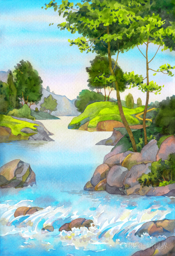 树的山中的小溪