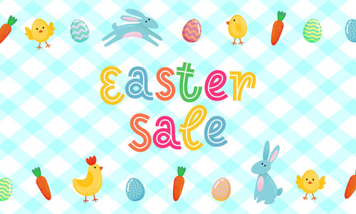 复活节销售矢量可爱的旗帜与彩色华丽的鸡蛋, 卡通鸡肉和复活节班尼, 兔子在白色蓝色的传统桌布毯背景。滑稽的销售海报, 横幅模板设
