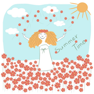 读头女孩在花的领域里很快乐。短语夏天的时间。矢量插图。