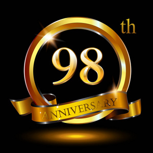 标志设计98年周年，白色和金色号码在黑色背景与阴影。