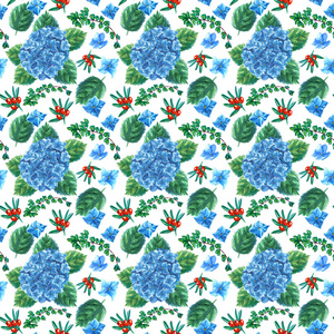 美丽的无缝图案水彩蓝色绣球花和叶子在白色隔绝背景光栅例证