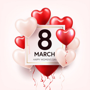 妇女节红色背景带气球, 心形。爱的象征。3月8日。我爱你。春季假期
