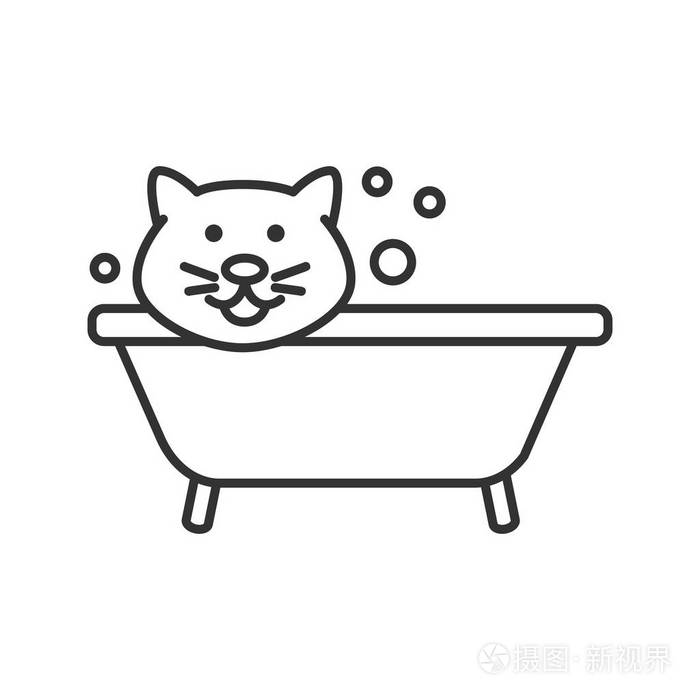 插画 洗澡猫线性图标. 美容服务. 细线插图. 宠物卫生. 轮廓符号.