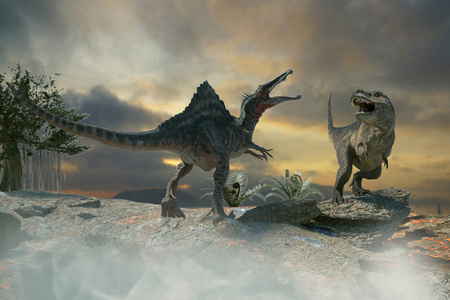 两只史前恐龙大战的三维插图