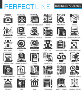矢量业务分析经典黑色迷你概念图标和图表符号集