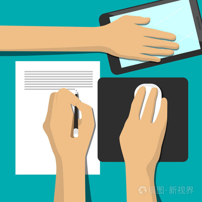 用电脑鼠标, 纸和片剂在桌上观看人的手插画-正版商用图片11en97-摄图