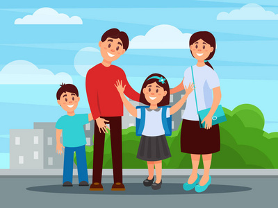 肩上背着书包的女孩.城市建筑和绿色灌木的背景.父母的观念.