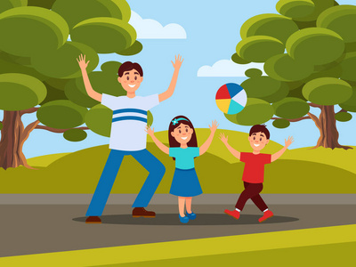 父亲的概念.户外活动.蓝天, 大绿树和草地上的背景.平面矢量设计照片