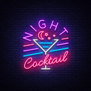 夜鸡尾酒是霓虹的标志。鸡尾酒标志, 霓虹灯风格, 轻横幅, 夜明亮的霓虹灯广告鸡尾酒酒吧, 党, 酒吧酒精.矢量插图