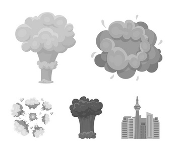 火焰, 火花, 氢气碎片, 原子或气体爆炸。爆炸集合图标单色式矢量符号股票插画网