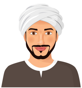 英俊的阿拉伯男子头像脸胡子和胡子在传统的头巾孤立的矢量插图