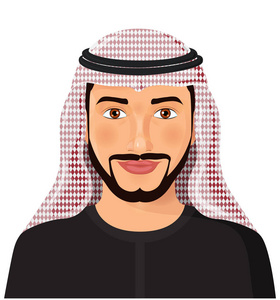 阿拉伯人头像在传统的穆斯林帽子卡通人物-矢量插图的正面看法照片