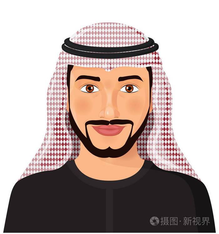阿拉伯人头像在传统的穆斯林帽子卡通人物矢量插图的正面看法