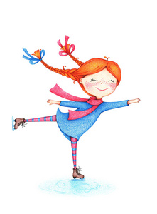 用白色背景上的彩色铅笔在冰上画女孩花样滑冰的手绘图片.