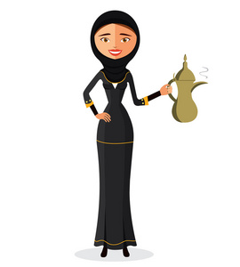 一个年轻的阿拉伯妇女在白色背景下持有阿拉伯咖啡壶隔离的平面插图