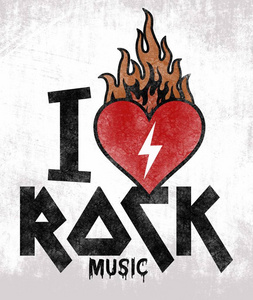 时尚平面设计与摇滚口号,我喜欢摇滚t恤隔离白色背景照片