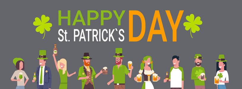 快乐圣帕特里克日海报与人穿着传统的绿色爱尔兰的衣服和喝啤酒